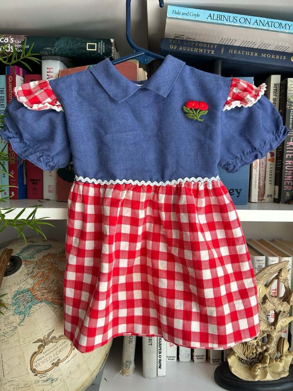 Vintage Toddler Girls Blue Denim and Red Gingham Ruffle Dress Flower Embroidery